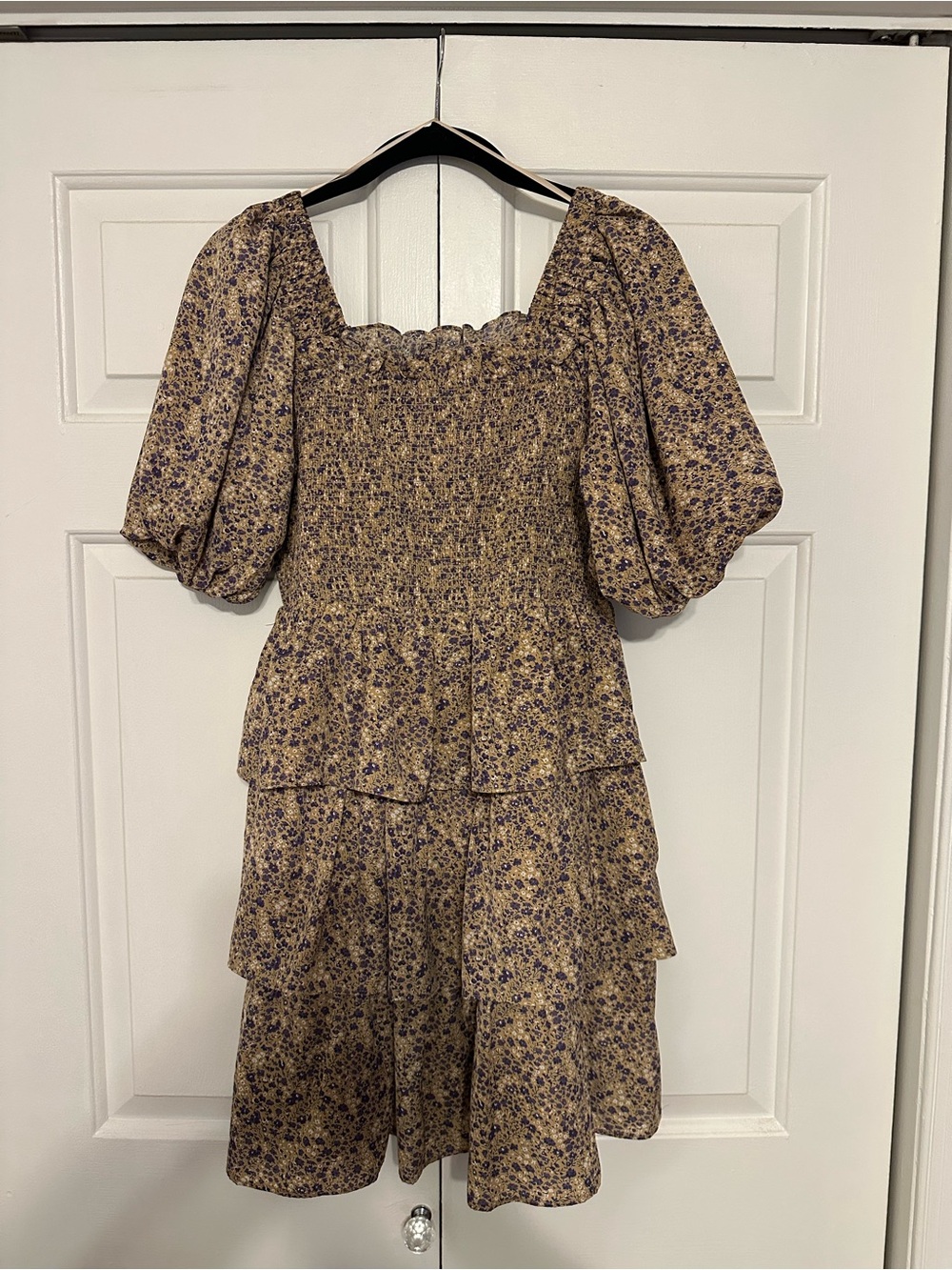 Free the Roses Beige and Purple Floral Smocked Dress